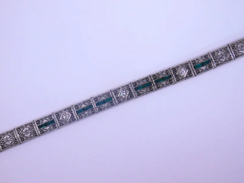 Classic Diamond Bracelets-14K ART DECO DIAMOND AND GREEN STONE BRACELET