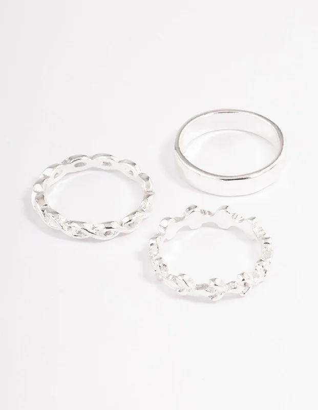 Oval Diamond Rings-Silver Plain & Twisted Ring Pack