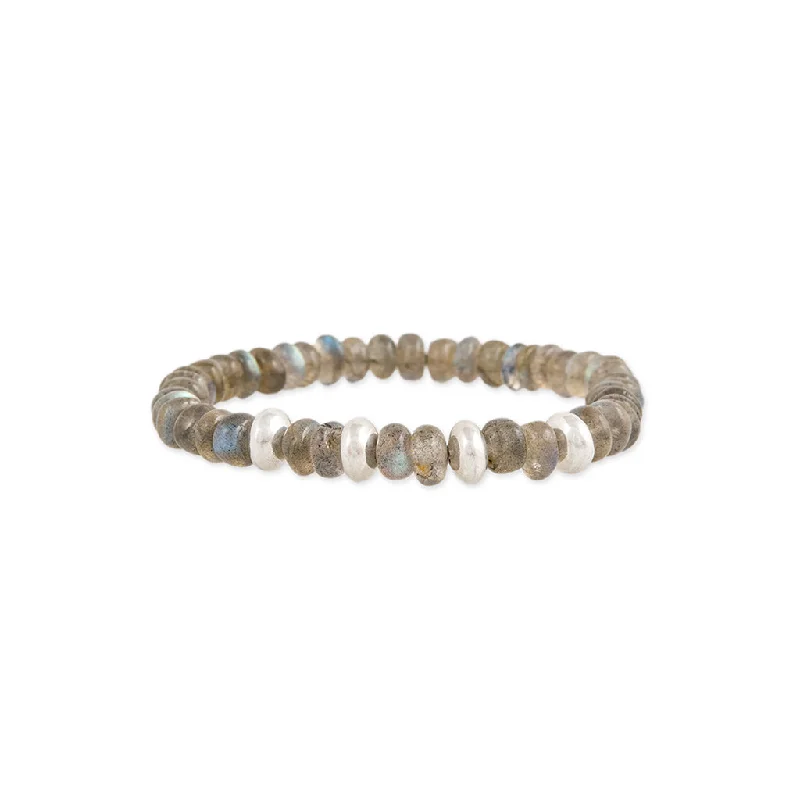 Minimalist Silver Bracelets-4 SPACED OUT STERLING SILVER BEADS + LABRADORITE BEADED STRETCH BRACELET