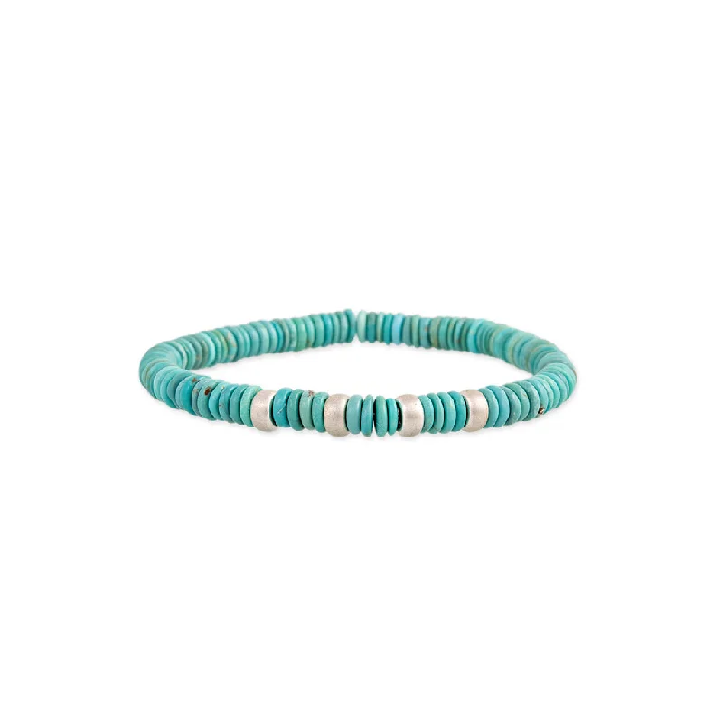 Adjustable Friendship Bracelets-4 SPACED OUT STERLING SILVER BEADS + TURQUOISE BEADED STRETCH BRACELET