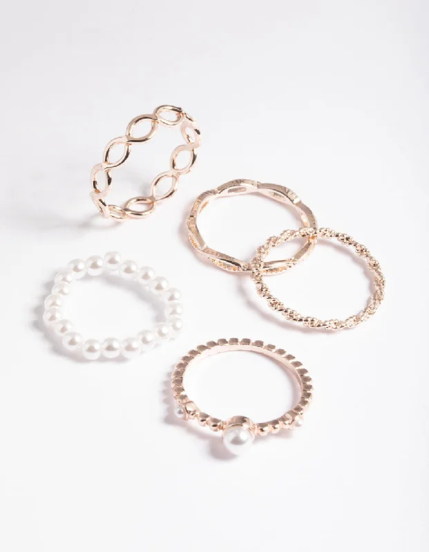 Bold Statement Rings-Rose Gold Pearl & Twist Ring 5-Pack