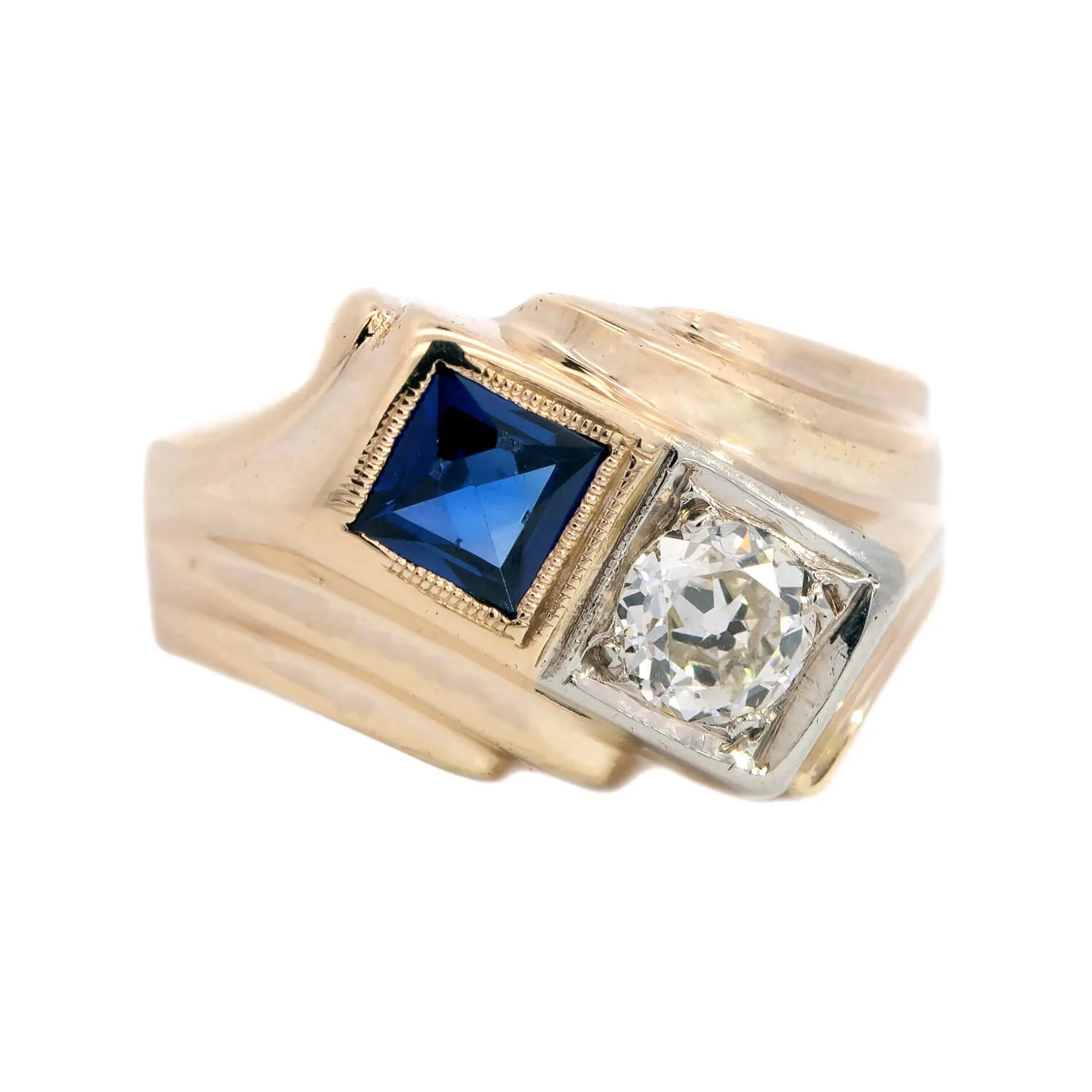 Stylish Wedding Rings for Brides-Retro 14k Gold Sapphire & Diamond Ring