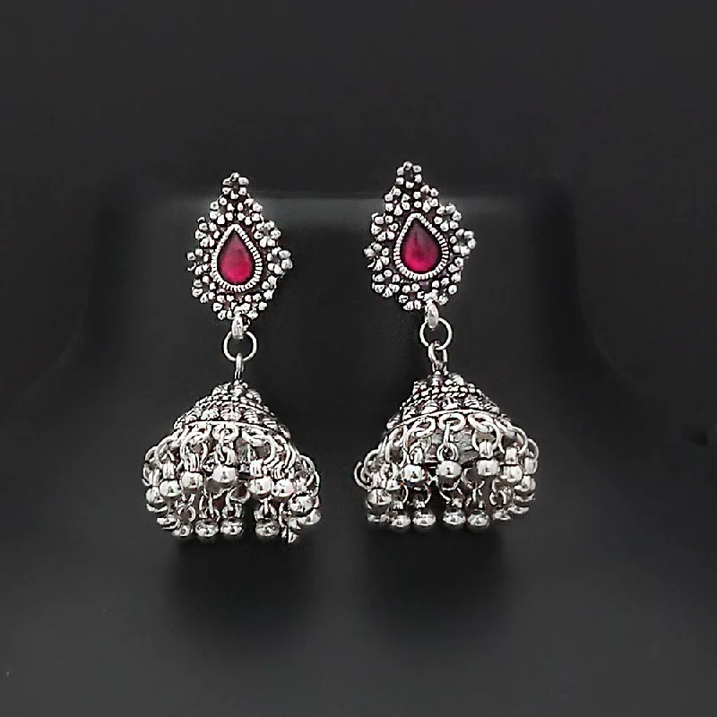 Wedding Party Earrings-Jinu Arts Oxidised Plated Pink Kundan Jhumki Earrings