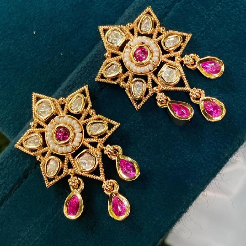 Trendy Earrings for Teens-Royal Kundan Jewellery Gold Plated Polki Kundan Dangler Earrings