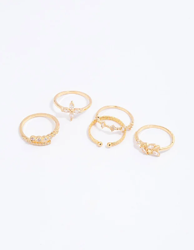 Fashion Rings for Women-Gold Plated Cubic Zirconia Leafy Mixed Rings 5-Pack