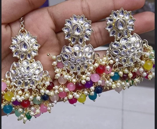 Gemstone Stud Earrings-Darshana Jewels Gold Plated Kundan Dangler Earrings With Maang Tikka