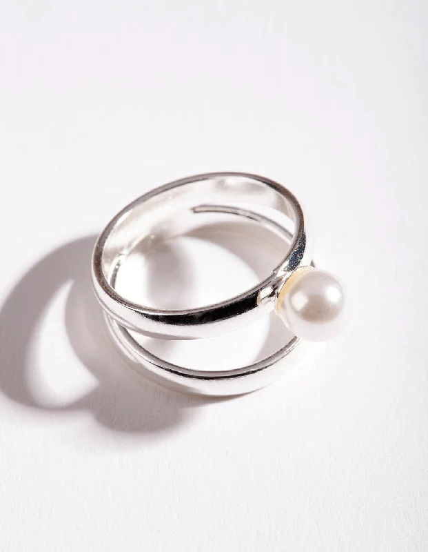 Oval Diamond Rings-Silver Double Pearl Ring