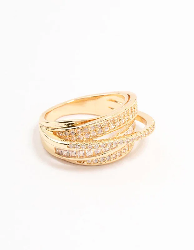 Custom Vintage Rings-Gold Plated Layered Wrapped Cubic Zirconia Band Ring