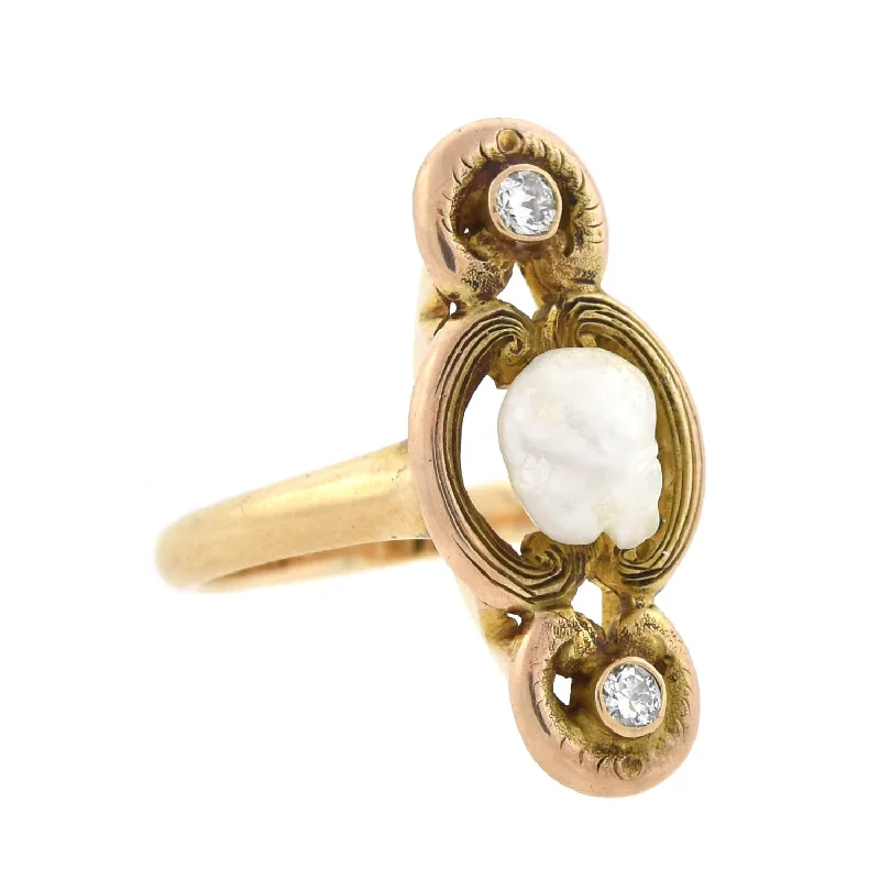 Vintage Promise Rings-Art Nouveau 14kt Natural Pearl + Diamond Ring 0.10ctw