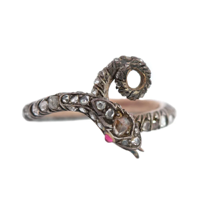 Designer Wedding Rings-Georgian 15k/Sterling Rose Cut Diamond Snake Ring