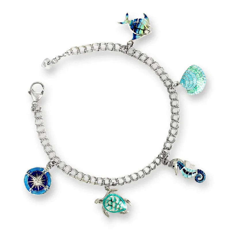 Stylish Charm Bangles-Double-sided enamel design on fish, seahorse and compass, Adjustable 7.5 to 8.25 inches, Rhodium Plated for easy care, Gift Boxed