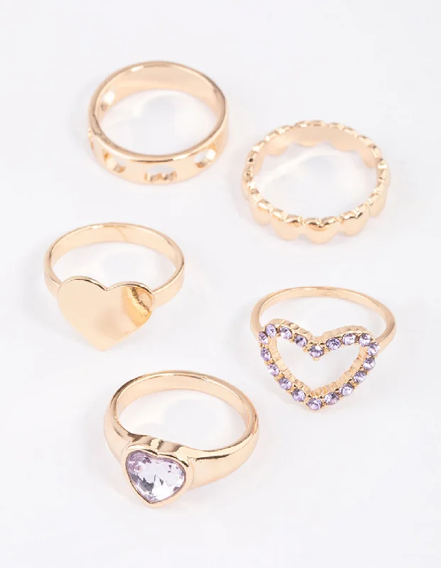 Birthstone Rings for Women-Gold Mixed Heart Stone Ring 5-Pack