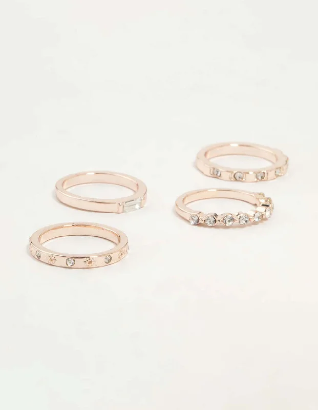 Couples Matching Rings-Rose Gold Plated Molten & Diamante Rings 6-Pack