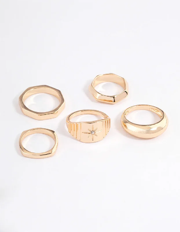 Birthstone Rings for Men-Gold Mixed Shape Star Ring 5-Pack