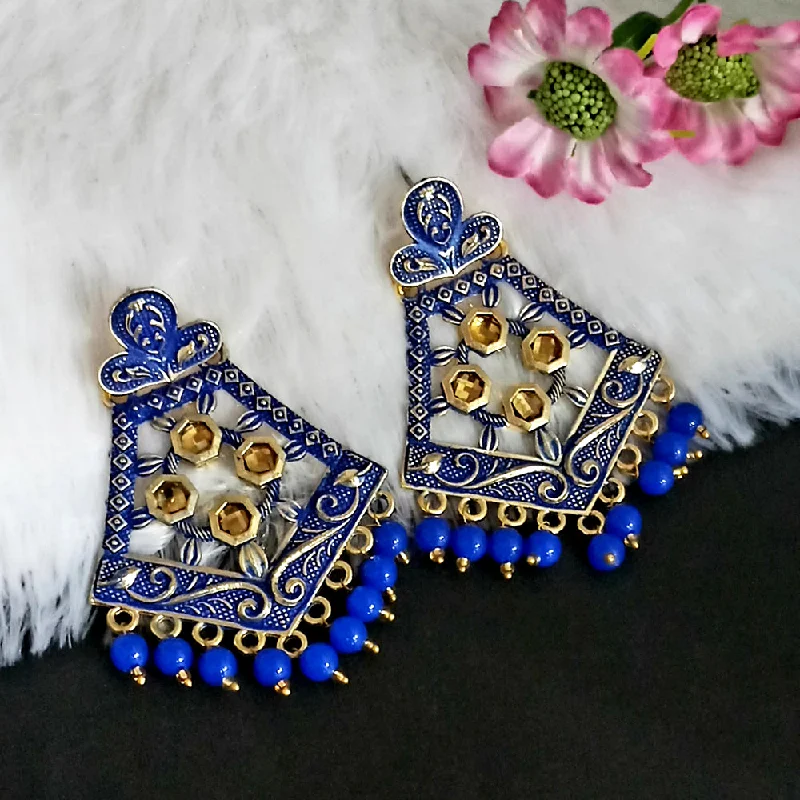 Handmade Earrings Online-Woma Matte Blue Meenakari Dangler Beads Drop Earrings