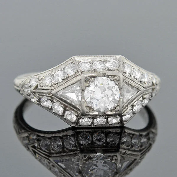 Designer Silver Rings-Art Deco Platinum & Diamond Engagement Ring .43ct