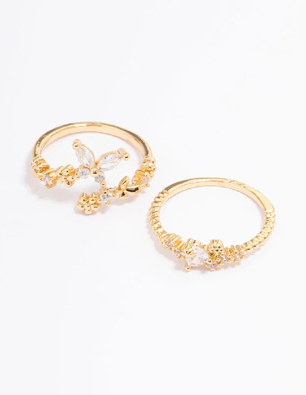 Handcrafted Wedding Rings-Gold Plated Floral Stone Ring Pack