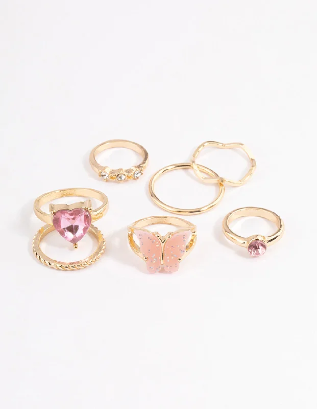 Rose Gold Engagement Rings-Gold Heart & Butterfly Ring 7-Pack