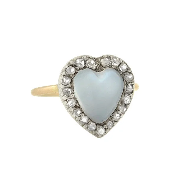 Couples Matching Rings-Art Nouveau 14k/Silver Moonstone & Diamond Heart Ring