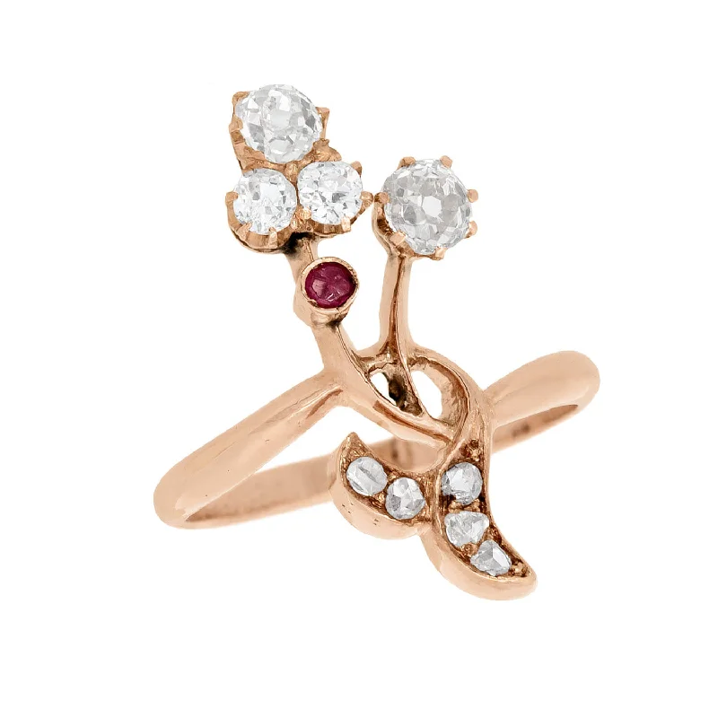 Elegant Gold Rings-Art Nouveau Imperial Russian 14k Diamond and Ruby Flower Bouquet Ring