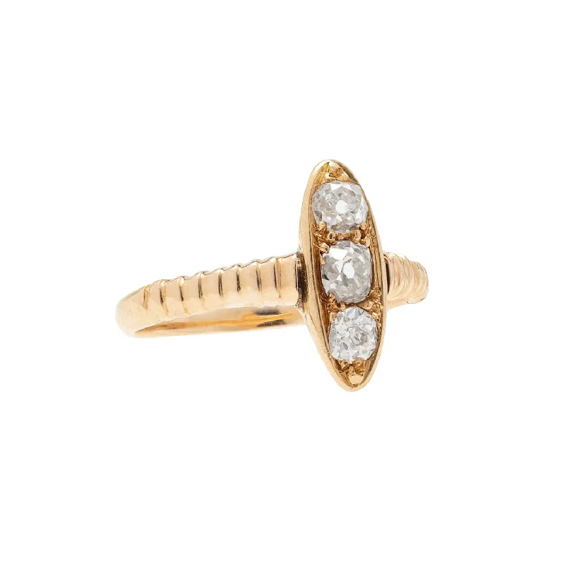 Large Gold Cocktail Rings-Retro 18k Mine Cut Diamond Three-Stone Navette Ring .65ctw