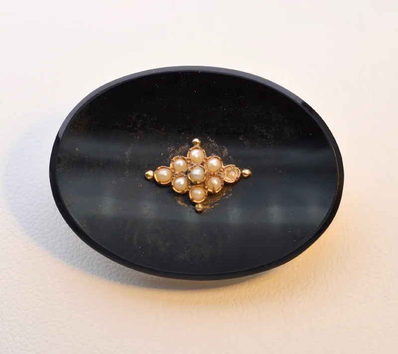 Elegant Brooch with Gold Detailing-14K yellow gold onyx brooch with seed pearls