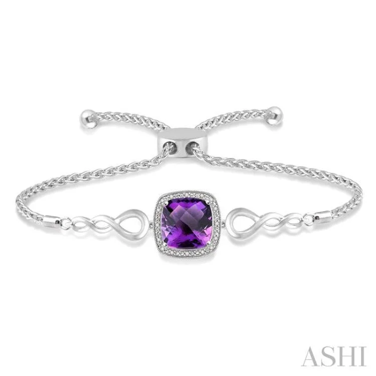 Colorful Friendship Bracelets-1/20 Ctw Cushion Cut 10x10mm Amethyst Round Cut Diamond Sterling Silver Lariat Bracelet