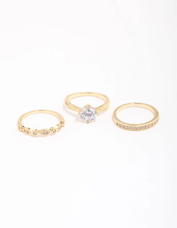 Colored Diamond Engagement Rings-Gold Plated Cubic Zirconia Round Stone Ring Pack