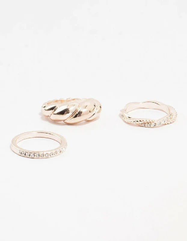 Vintage Wedding Rings with Diamonds-Rose Gold Plated Diamante Twisted Rings 3-Pack