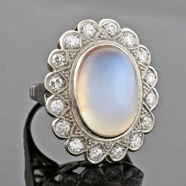 Birthstone Diamond Rings-Victorian Revival Retro 14kt Large Moonstone Diamond Cluster Ring