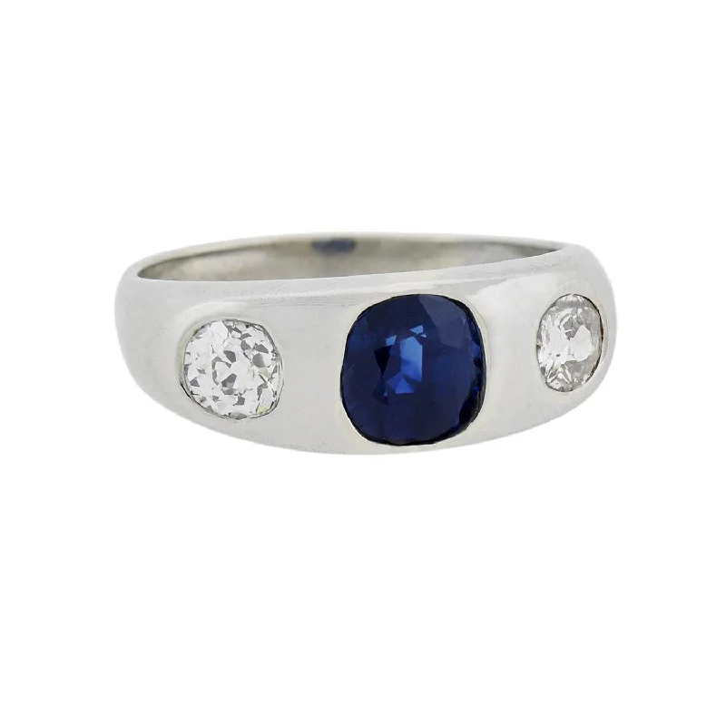 Adjustable Gemstone Rings-Edwardian Platinum 1ct Sapphire + Diamond 3-Stone Ring