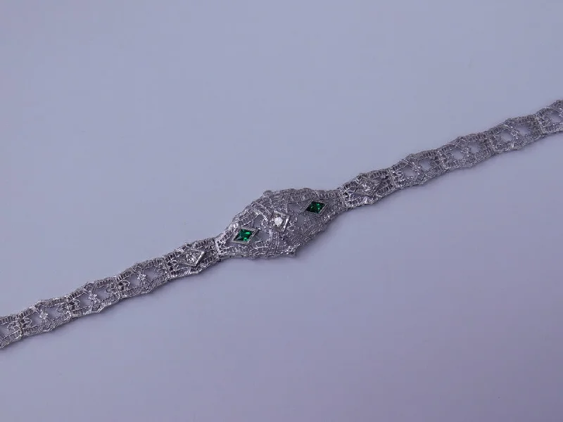 Simple Silver Bangles-14K ART DECO BRACELET WITH DIAMOND AND GREEN GLASS