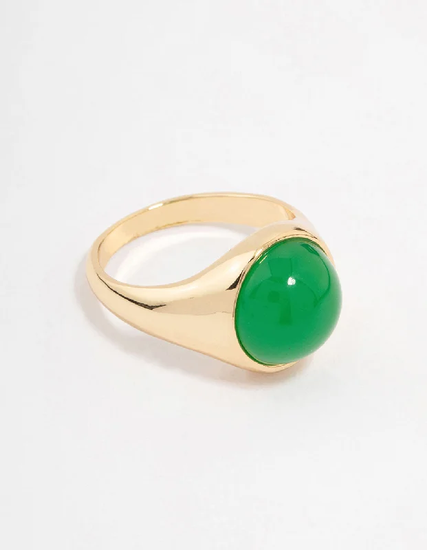 Simple Wedding Rings-Gold Plated Round Green Statement Stone Ring