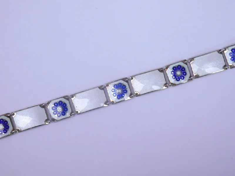 Friendship Bracelets for Teens-STERLING SILVER NORWEGIAN BLUE AND WHITE ENAMEL BRACELET