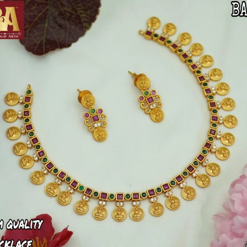 Modern Gold Necklaces-Bhargav Arts Gold Plated Pota Stone Temple Necklace Set