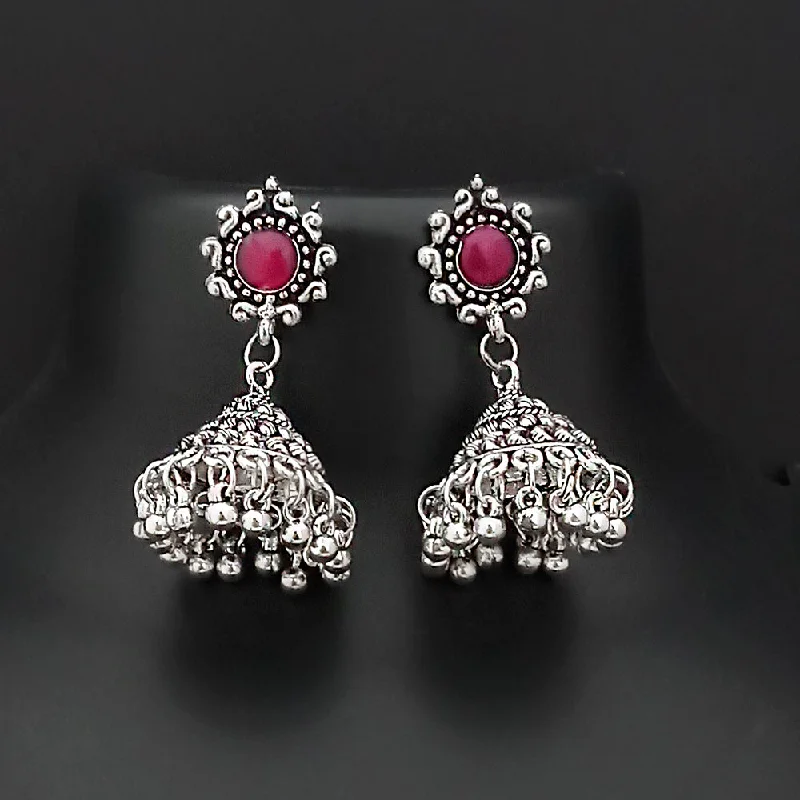 Boho Chic Earrings-Jinu Arts Oxidised Plated Pink Kundan Jhumki Earrings