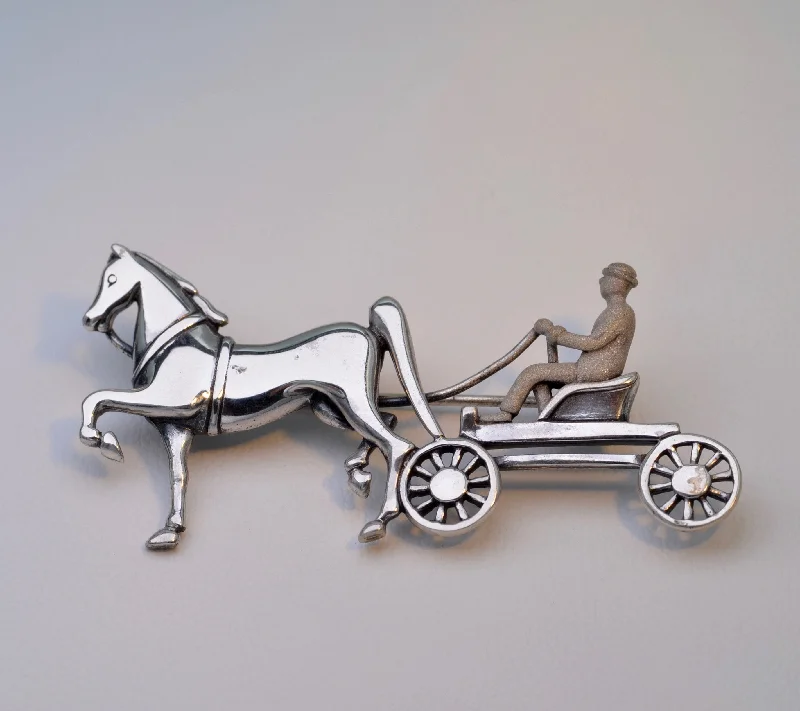 Custom Brooch for Formal Occasions-Sterling Silver Horse and Carriage Brooch