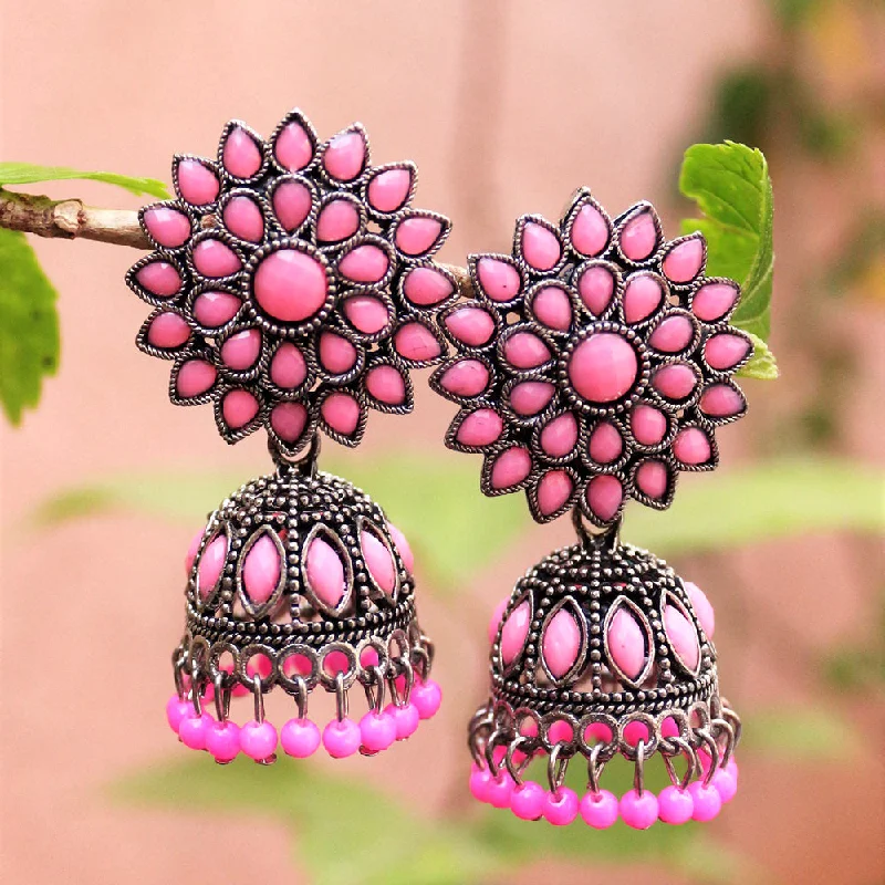 Crystal Drop Earrings-H K Fashion Oxidised Plated Pota Stone And Beads Jhumki Earrings