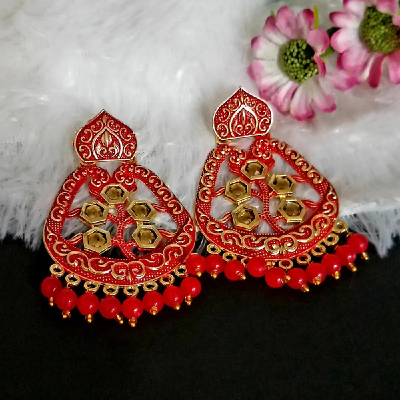 Silver Ear Cuffs-Woma Matte Red Meenakari Dangler Beads Drop Earrings