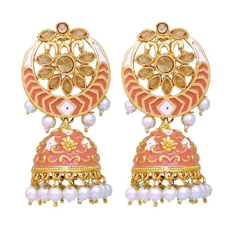 Multi-Tone Earrings-Mahi Carrot Pink Meenakari Work Enamelled Artificial Pearl Jhumki Earrings for Women (ER1109709GCrt)