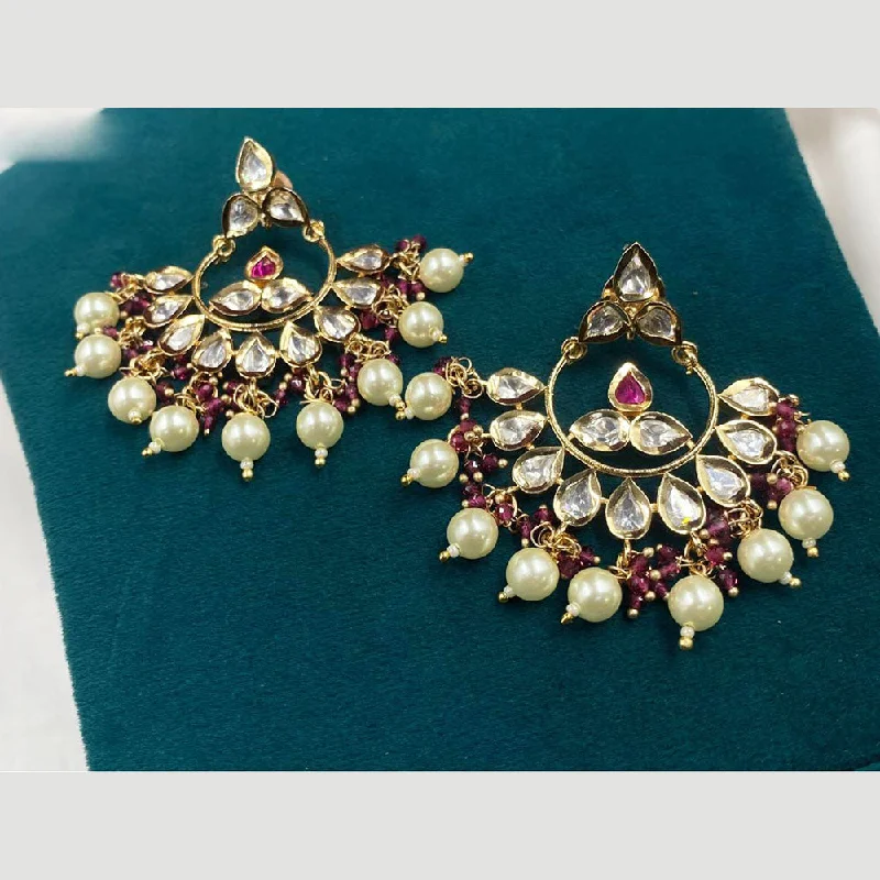 Simple Rose Gold Earrings-Amoliya Jewels Gold Plated Polki Kundan Stone And Pearls Dangler Earrings