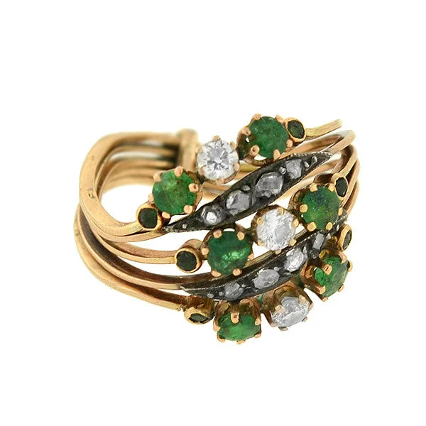 Handcrafted Wedding Rings-Late Victorian 14kt Emerald & Diamond Curvy Harem Ring