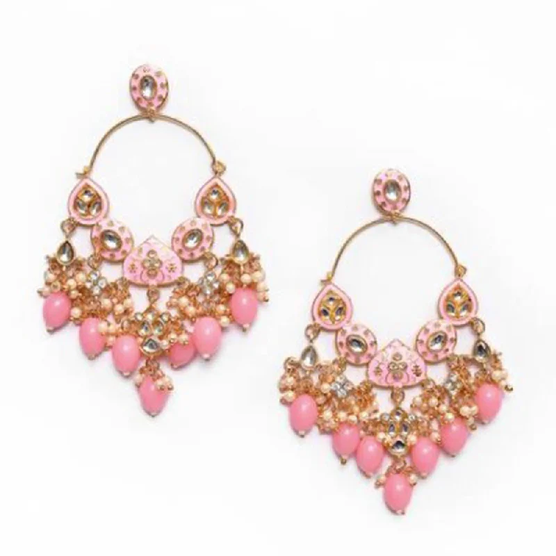 Gold Plated Dangle Earrings-House Of Ree New Stylish Ethnic Partywear Light Pink Hoops Kundan Earrings for Womens | Women | Girls ER141