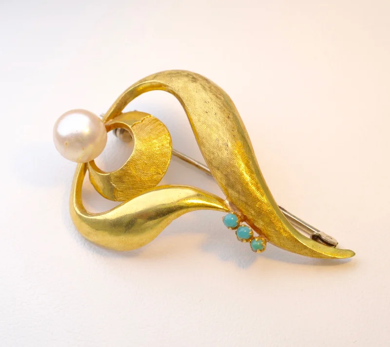 Unique Brooch for Fashion Lovers-18K yellow gold brooch with one Cultured Pearl and Turquoises