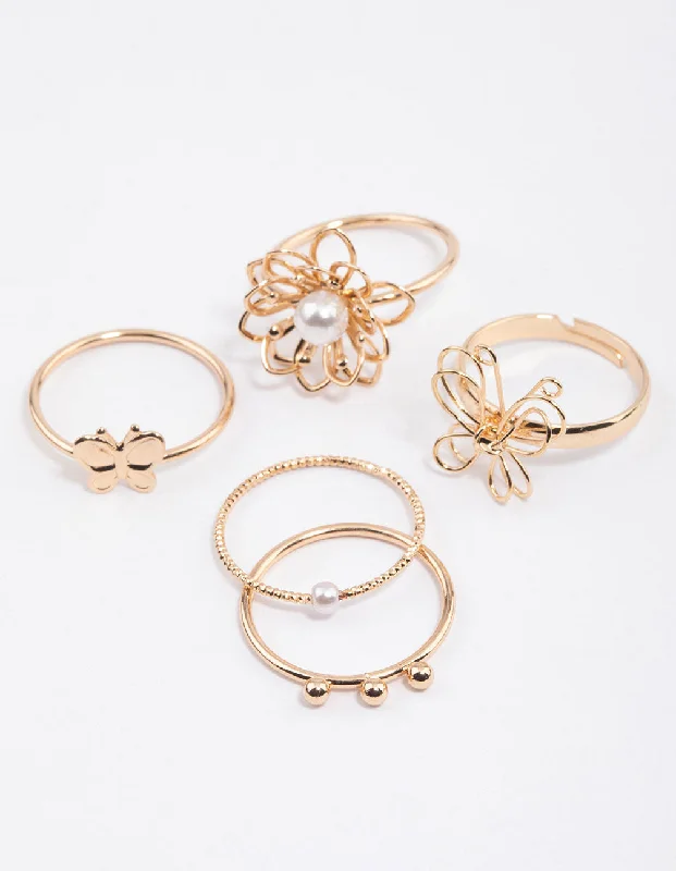 Black Diamond Rings-Gold Wire Flower & Butterfly Ring Pack