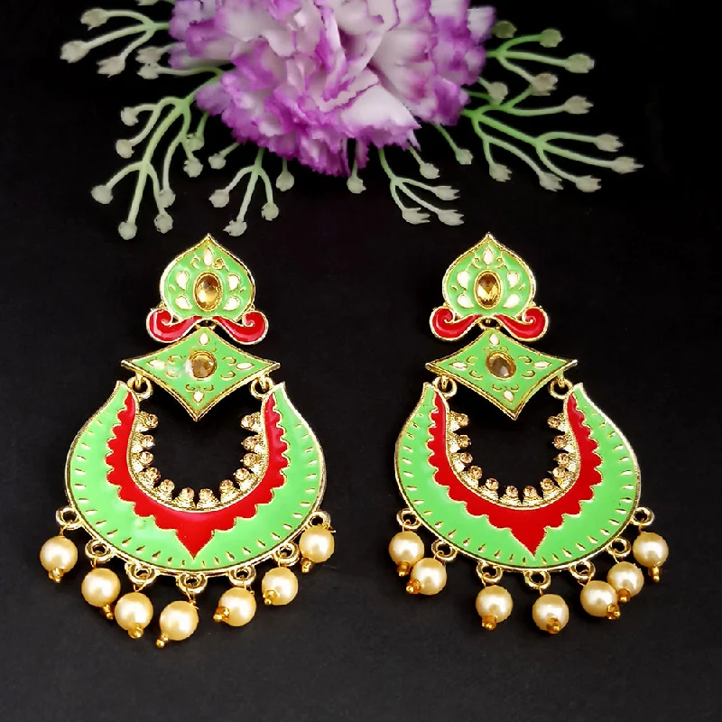 Elegant Silver Hoops-Woma Kundan Green Meenakari Dangler Earrings