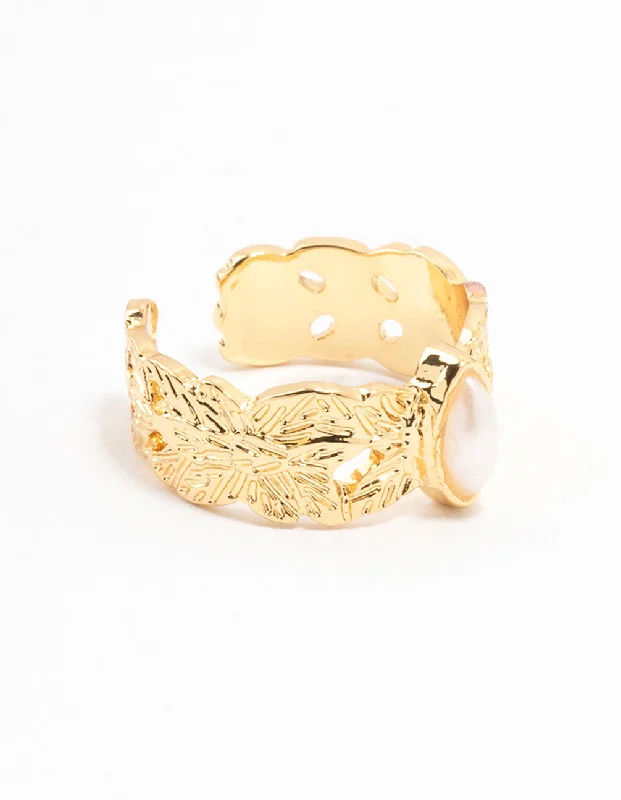 Elegant Wedding Rings-Gold Plated Wide Leaf Band Ring