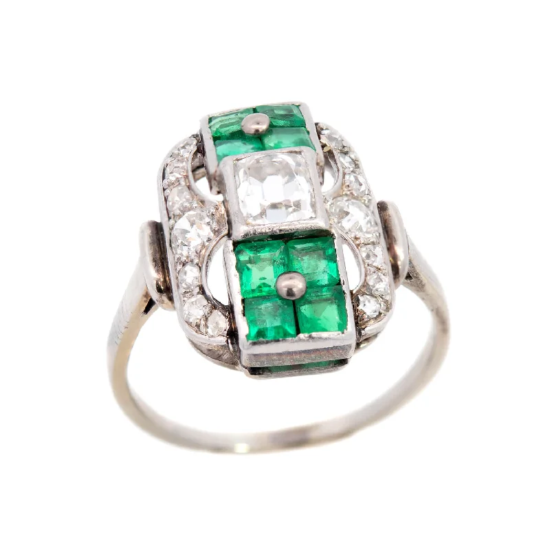 Natural Stone Rings-Art Deco 18k Emerald & Diamond Engagement Ring