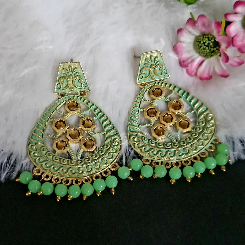 Gold-Plated Earrings for Women-Woma Matte Green Meenakari Dangler Beads Drop Earrings