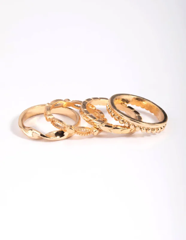 Stylish Gemstone Rings-Gold Textured Ring Stack 4-Pack